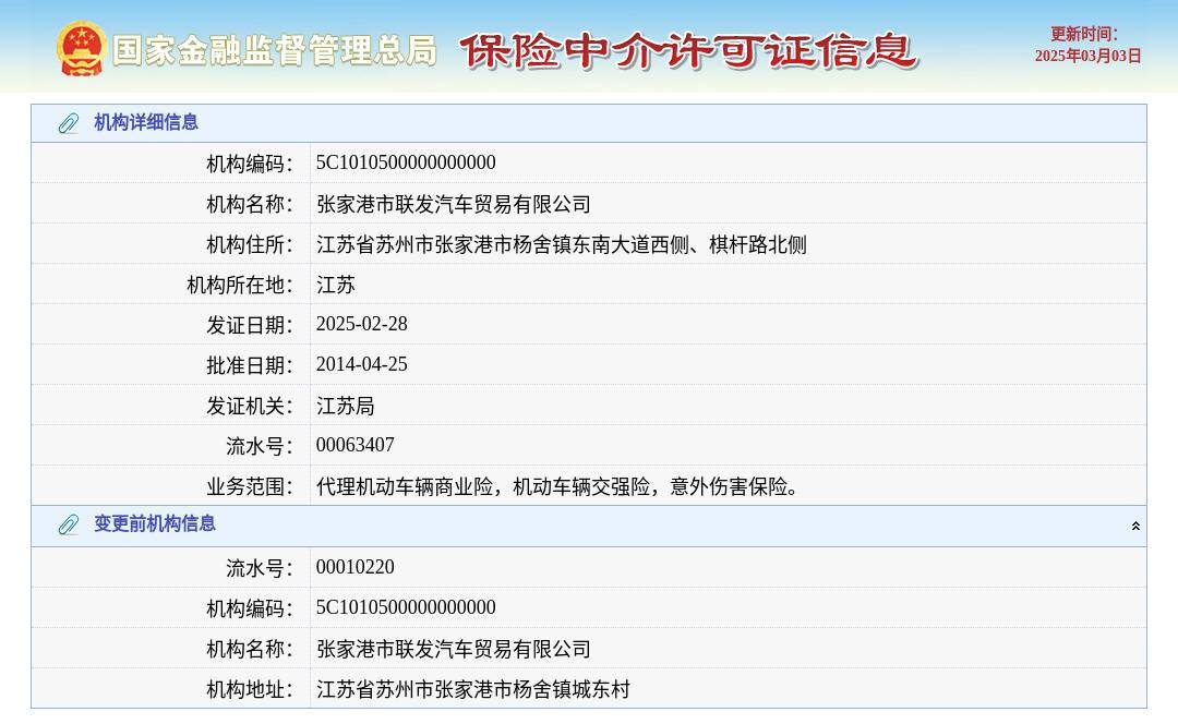 張家港市聯發汽車貿易有限公司換發保險中介許可證<strong></p>
<p>汽車貿易有限公司
</strong>，發證日期2025年2月28日:汽車貿易有限公司
